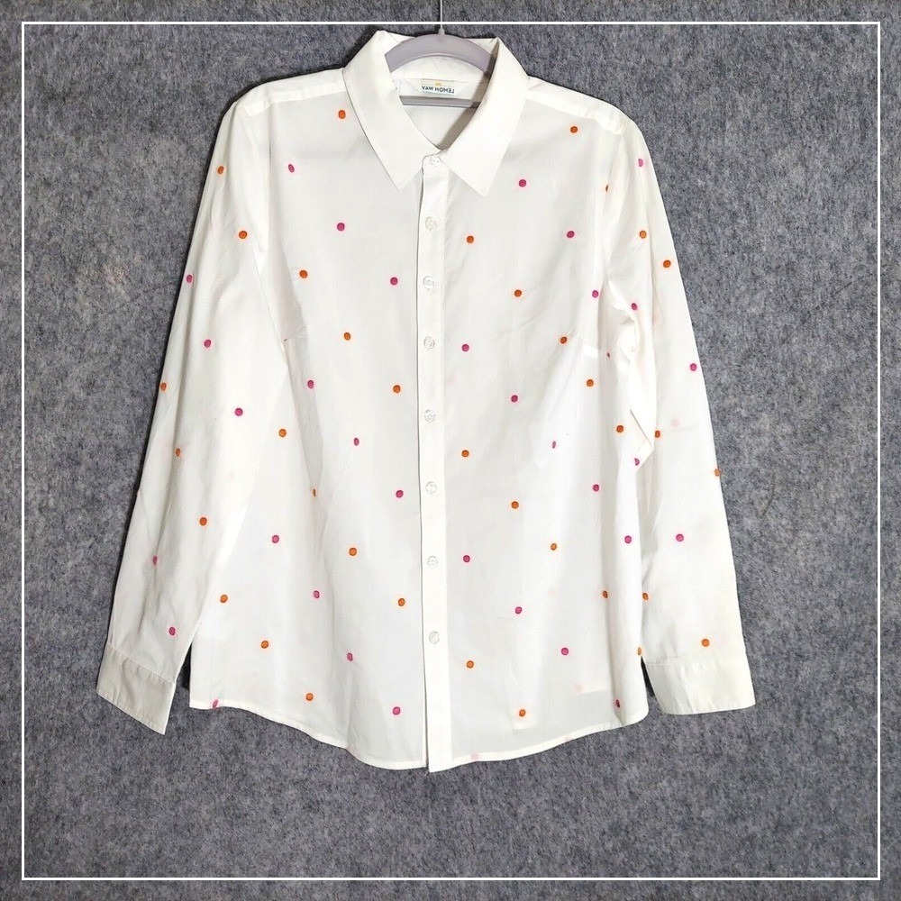 Lemon Way Shirt M‎ Poplin Button Embroidered Polka Dots White Preppy Cottage